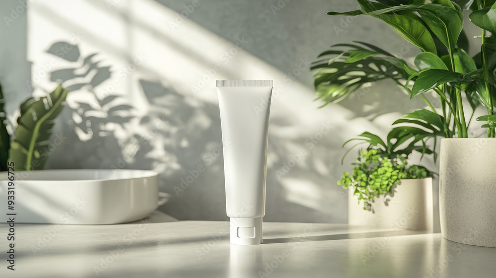 A mockup of a white beauty tube and mask product sitting on the counter in front of a bright, modern bathroom with plants. A mockup of a white beauty tube and mask product sitting on the counter in front of a bright, modern bathroom with plants.