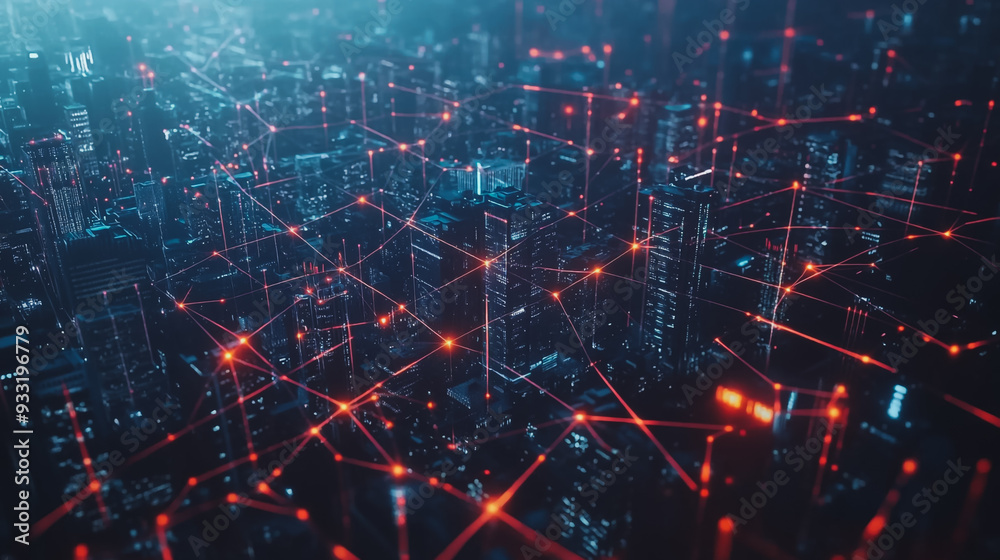 Smart digital Innovation city with connection network reciprocity over the cityscape. of future smart wireless digital city and social media networking systems that connects people with in city