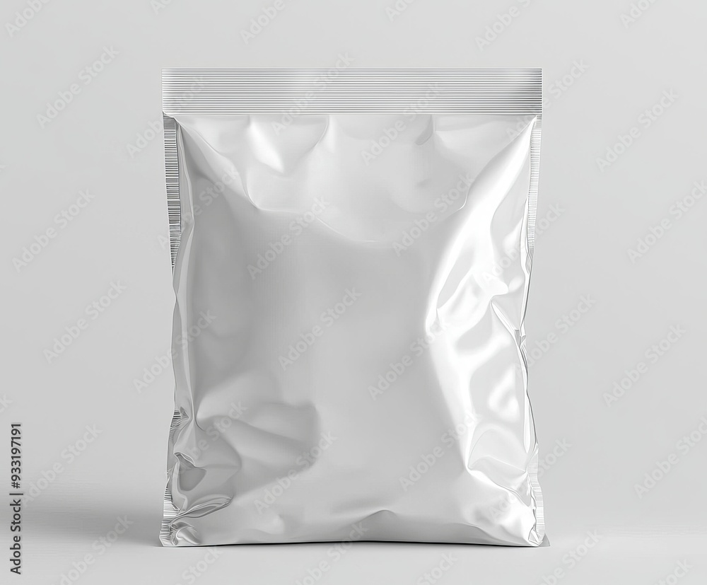 A blank white snack bag mock up isolated on a clear white chips pack.