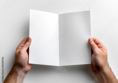 Blank leaflet held in hand by hand in white shirt.