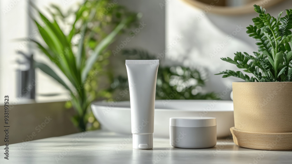A mockup of a white beauty tube and mask product sitting on the counter in front of a bright, modern bathroom with plants. A mockup of a white beauty tube and mask product sitting on the counter in front of a bright, modern bathroom with plants.