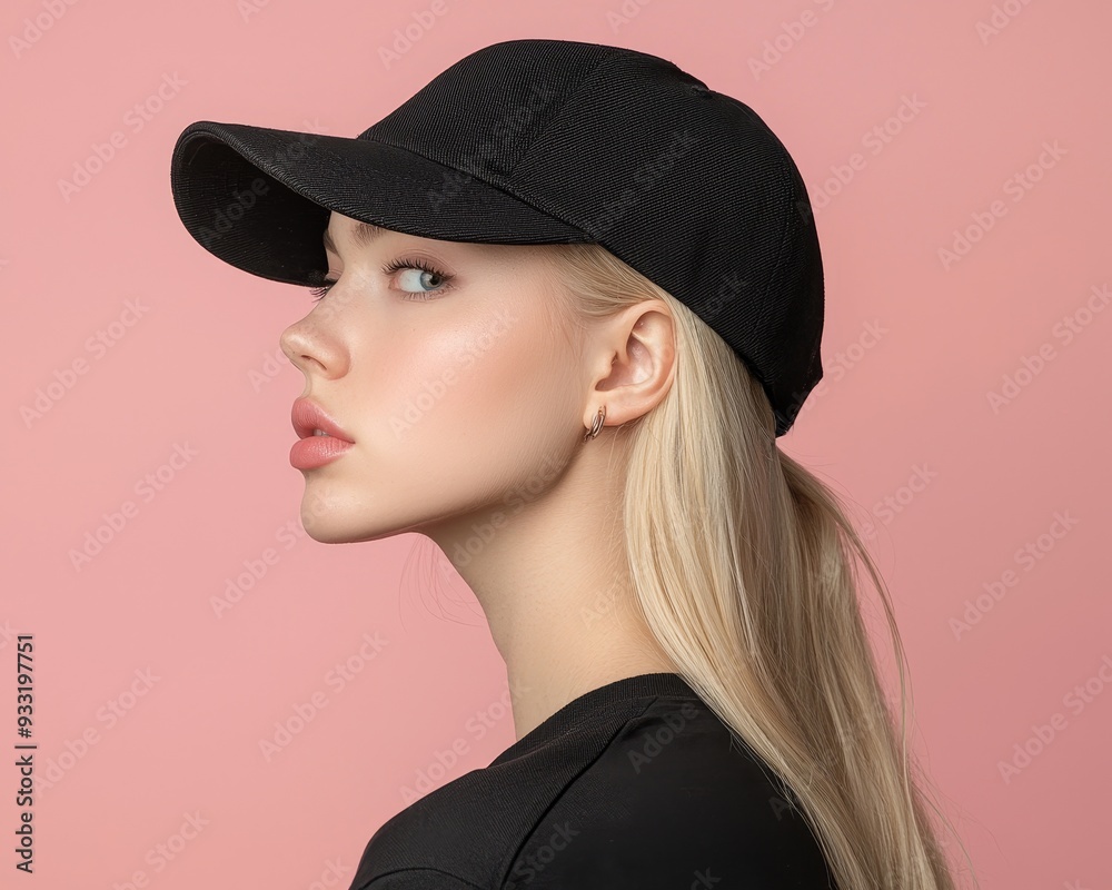 The black baseball cap mockup template is for wearing on women's heads, profile, isolated. The woman is dressed in gray and is holding a visor of the caps while wearing her uniform. A cotton baseball The black baseball cap mockup template is for wearing on women's heads, profile, isolated. The woman is dressed in gray and is holding a visor of the caps while wearing her uniform. A cotton baseball