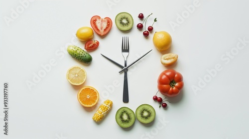 A vibrant and colorful arrangement of healthy fruits presented in a unique clock shape