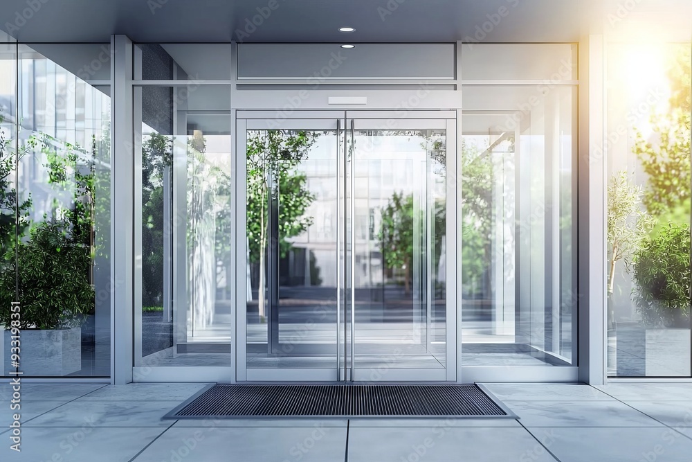 Commercial building entry mock up with sliding glass doors. Office exterior outdoor template. Shopping center facade, sunset view. Emporium facade. Commercial building entry mock up with sliding glass doors. Office exterior outdoor template. Shopping center facade, sunset view. Emporium facade.