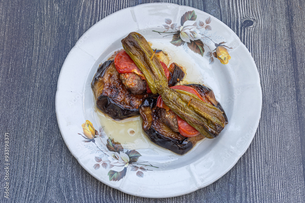 Traditional delicious Turkish food; Kofte kebab wrapped in eggplant (Turkish name; Islim - islim kebabi or kurdan kebabi)