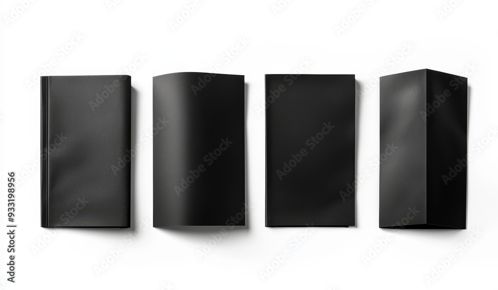 Blank black magazine mockup with covers opened and closed, 3D rendering. Grey journal pages mockup lying on desk. A catalog spread and cover template. Empty notebook booklet designs inside. A book Blank black magazine mockup with covers opened and closed, 3D rendering. Grey journal pages mockup lying on desk. A catalog spread and cover template. Empty notebook booklet designs inside. A book