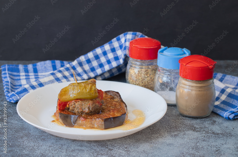 Traditional delicious Turkish food; Kofte kebab wrapped in eggplant (Turkish name; Islim - islim kebabi or kurdan kebabi)