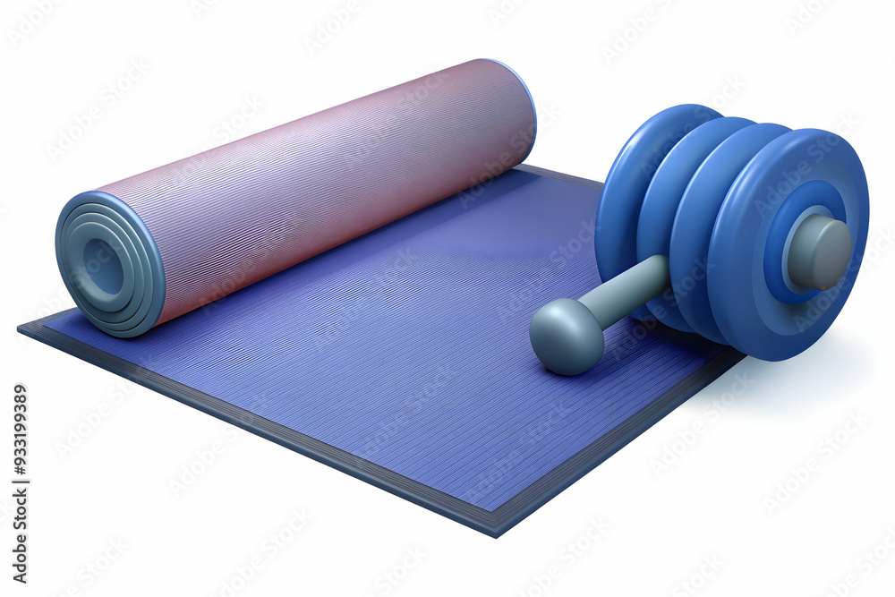 Photo Realistic as Yoga mat and dumbbell concept as A yoga mat paired with a dumbbell symbolizing the blend of wellness and fitness ideal for designs needing a clean and isolated background. in  Photo
