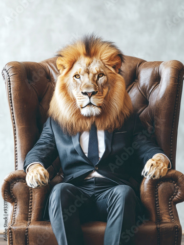 A majestic lion dressed in a suit sits confidently on a leather chair, embodying power and sophistication. photo