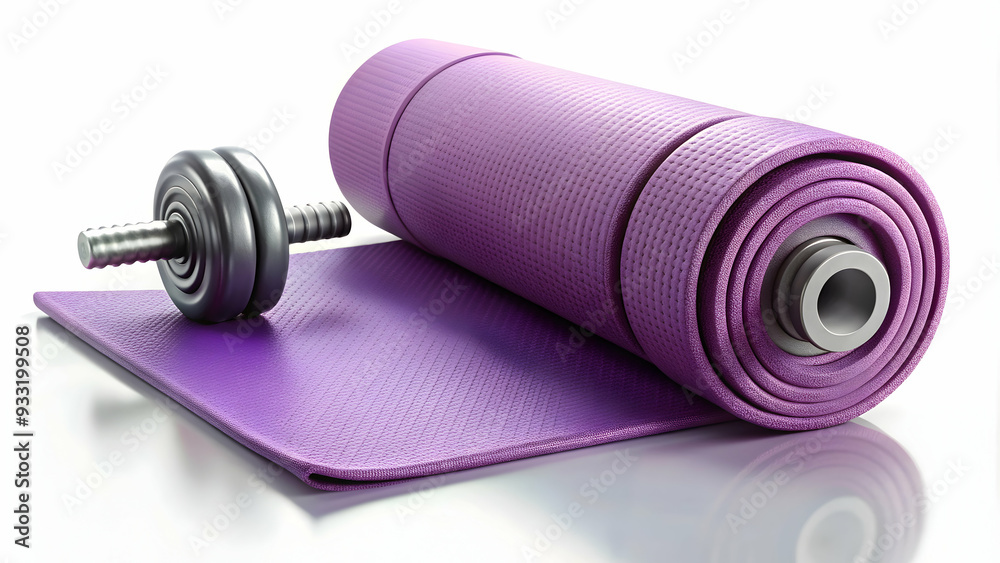 Photo Realistic as Yoga mat and dumbbell concept as A yoga mat paired with a dumbbell symbolizing the blend of wellness and fitness ideal for designs needing a clean and isolated background. in Photo Photo Realistic as Yoga mat and dumbbell concept as A yoga mat paired with a dumbbell symbolizing the blend of wellness and fitness ideal for designs needing a clean and isolated background. in Photo