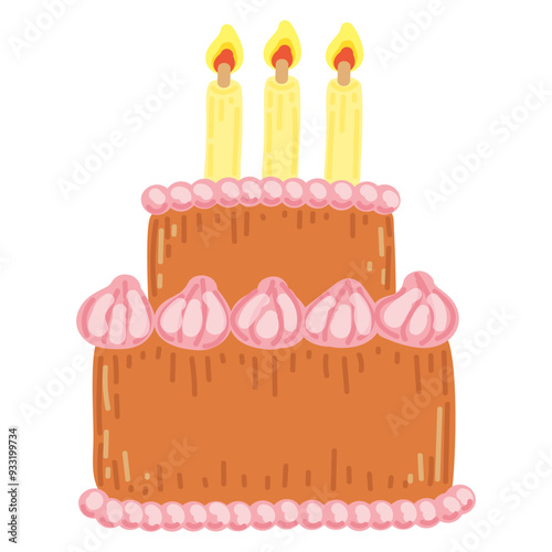 Cake hand drawn flat. Festive dessert with candles. Sweet pastry with cream. Birthday cake. Food for the holiday. Sugar sponge cake. Baker. Vector art image.