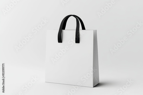 A blank white paper gift bag with black silk handle mockup, isolated, 3d rendering. A blank plastic packet mockup, side view. A beautiful package template.
