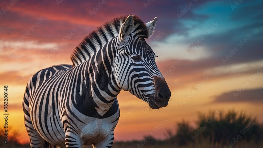 Obraz premium A zebra standing in front of a colorful sky.