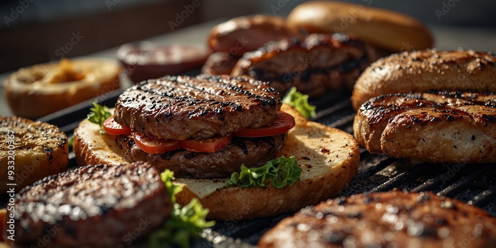 Assorted grilled meats and hamburgers on a concrete surface Barbecue and grilling concept. Assorted grilled meats and hamburgers on a concrete surface Barbecue and grilling concept.