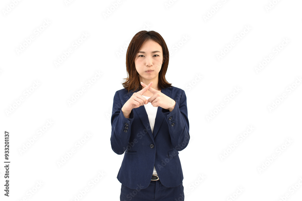 不正解とバツをしているスーツの女性 白背景 不正解とバツをしているスーツの女性 白背景
