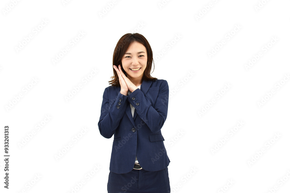 両手を合わせて喜んでいるスーツの女性 白背景 両手を合わせて喜んでいるスーツの女性 白背景