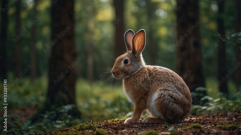 A rabbit sitting in the middle of a forest. A rabbit sitting in the middle of a forest.