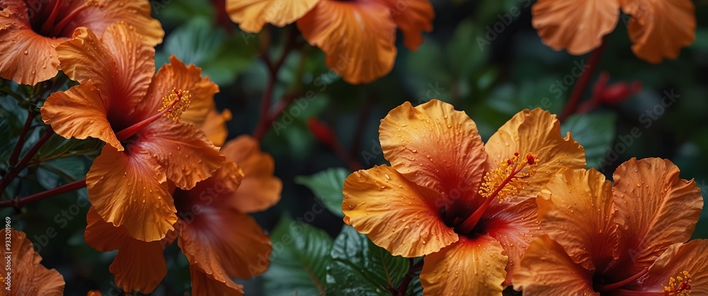 Obraz premium An array of tropical hibiscus in fiery reds and oranges.