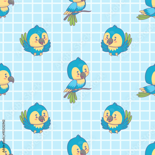 Seamless pattern with Ara parrot on blue checkered background. Funny cartoon kawaii bird character. Vector illustration. Kids collection