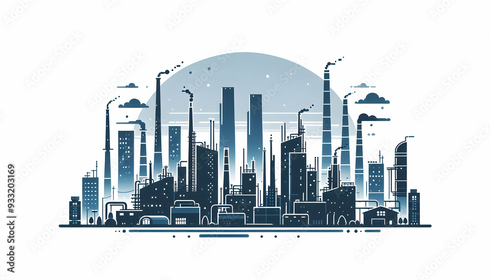 Simple flat vector illustration as Industrial skyline at dusk concept as A dynamic industrial skyline at dusk symbolizing progress and hard work ideal for business presentations needing a clean and pr Simple flat vector illustration as Industrial skyline at dusk concept as A dynamic industrial skyline at dusk symbolizing progress and hard work ideal for business presentations needing a clean and pr