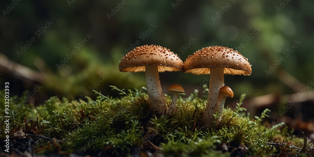 Fototapeta premium A couple of mushrooms sitting on top of a moss covered ground.