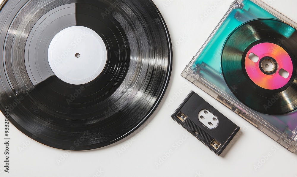 Obraz premium The mockup set includes blank vinyl, cassettes and CD disks, isolated from the background