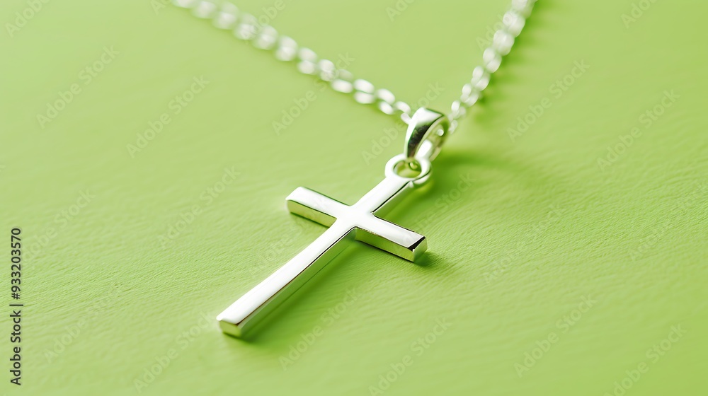 Cutout of a silver cross necklace on lime background Cutout of a silver cross necklace on lime background
