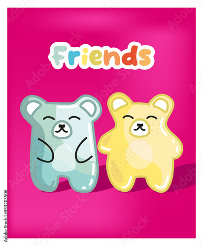 friends postcard with couple jelly bear friends vector illustration on pink vertical background. Cute design for print or poster banner.