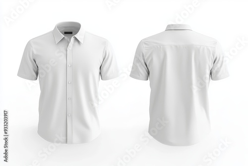 The front and back of a white short-sleeve button-down shirt mockup are blanks