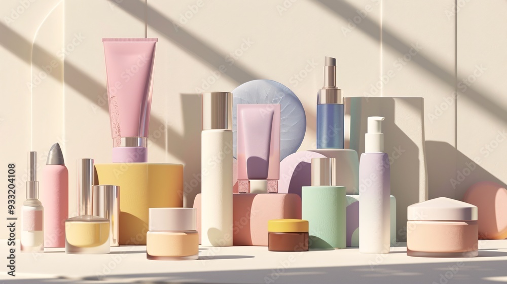 Ultra-sharp 3D shaded drawing of stylish beauty products arranged on a modern background