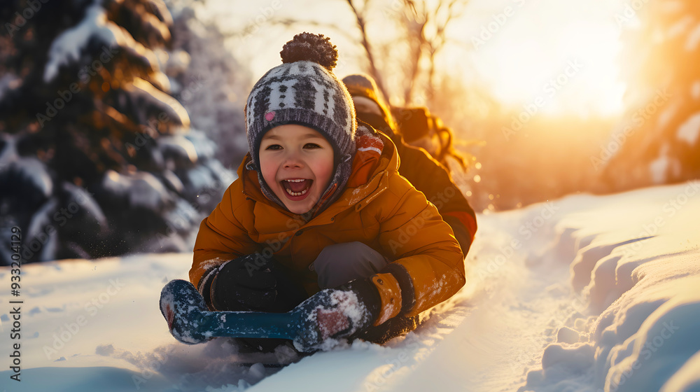 Happy kids brother and sister playing ride sled slope speed on the snow Happy kids brother and sister playing ride sled slope speed on the snow