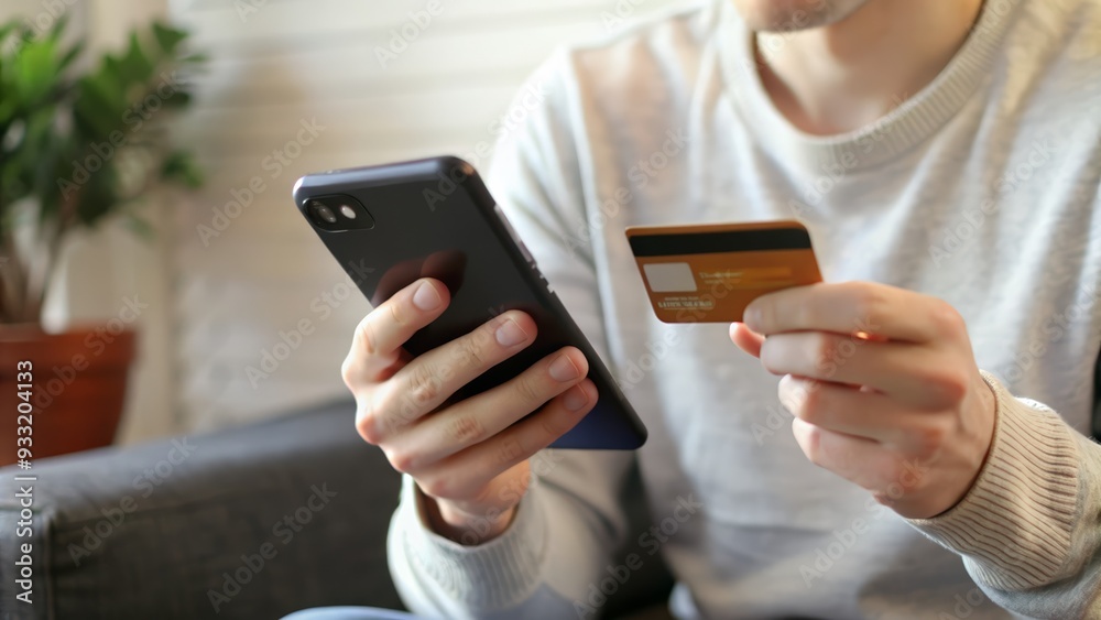 Close-Up of Person with Credit Card and Smartphone in Hand Close-Up of Person with Credit Card and Smartphone in Hand