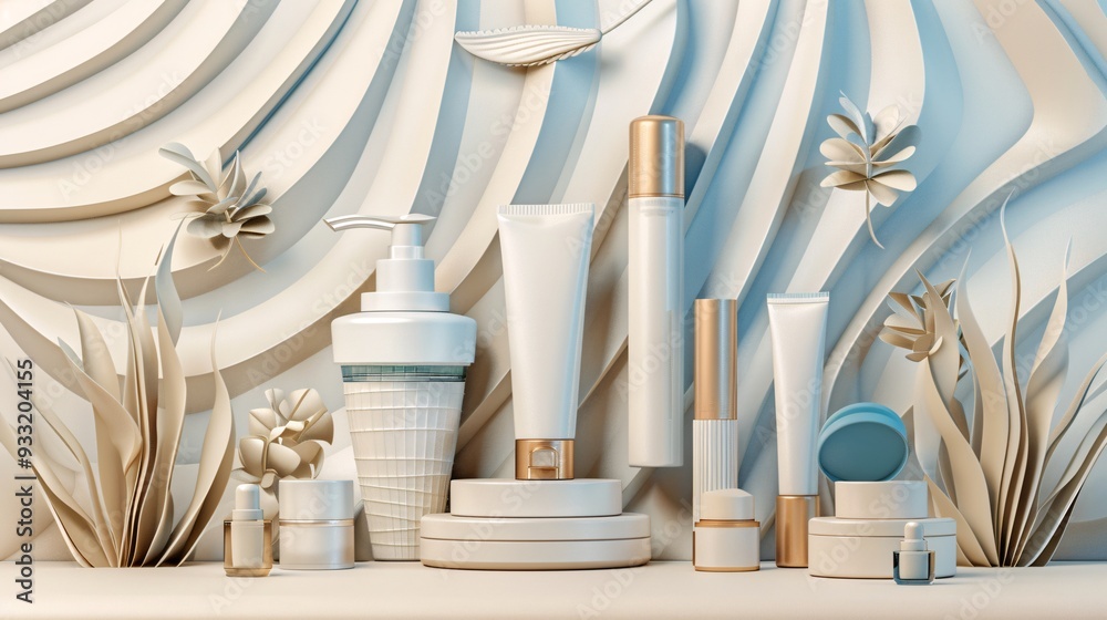Ultra-sharp 3D shaded drawing of stylish beauty products arranged on a modern background