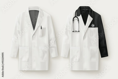 Medical lab coat mockup in black and white, front view