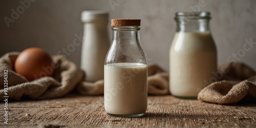 An overhead shot of a glass bottle and cup filled with milk on a white wooden table with a burlap tablecloth providing copy space image. photo