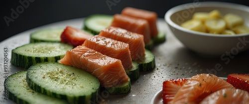 A plate of cucumber and salmon slices with a strawberry on the side. photo