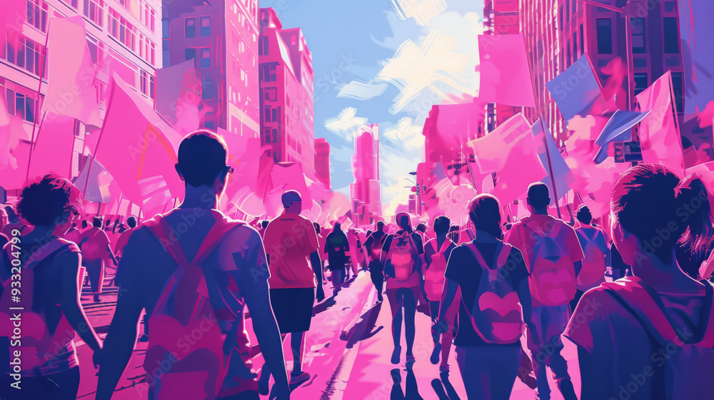 Obraz premium People wearing pink ribbons marching through vibrant street, breast cancer awareness 