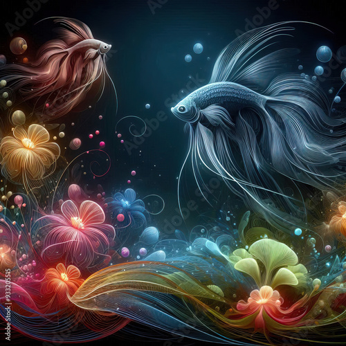 A fantasy aquarium with small fantasy flowers in strong colors. Very large, glowing veiltails swim in the water in elegant, abstract lineart. Dark background, the fish are subtly lit. photo