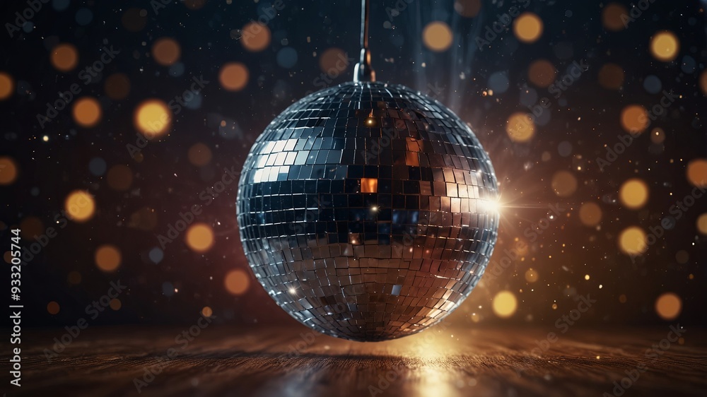 Obraz premium A disco ball with lights and stars in the background.