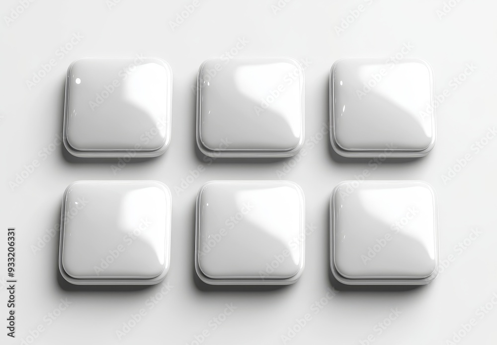 Stack of white button badges, front and back Stack of white button badges, front and back