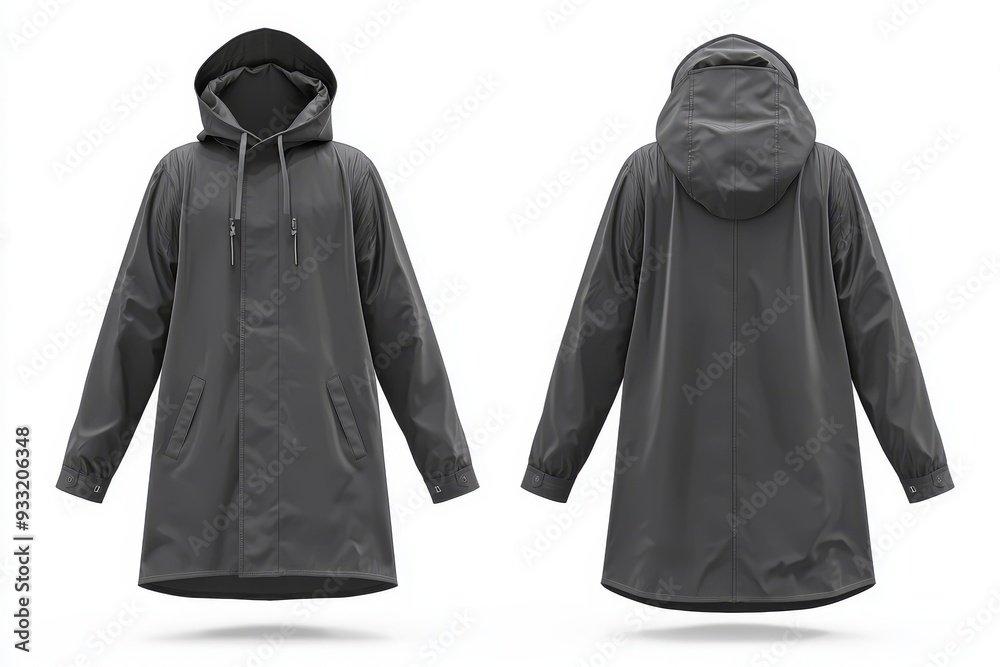 A mockup of a black protective raincoat, front and back A mockup of a black protective raincoat, front and back