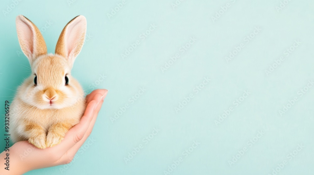 Tiny bunny resting on a human hand against a light blue background. Minimalistic and gentle Easter or spring concept. Tiny bunny resting on a human hand against a light blue background. Minimalistic and gentle Easter or spring concept.