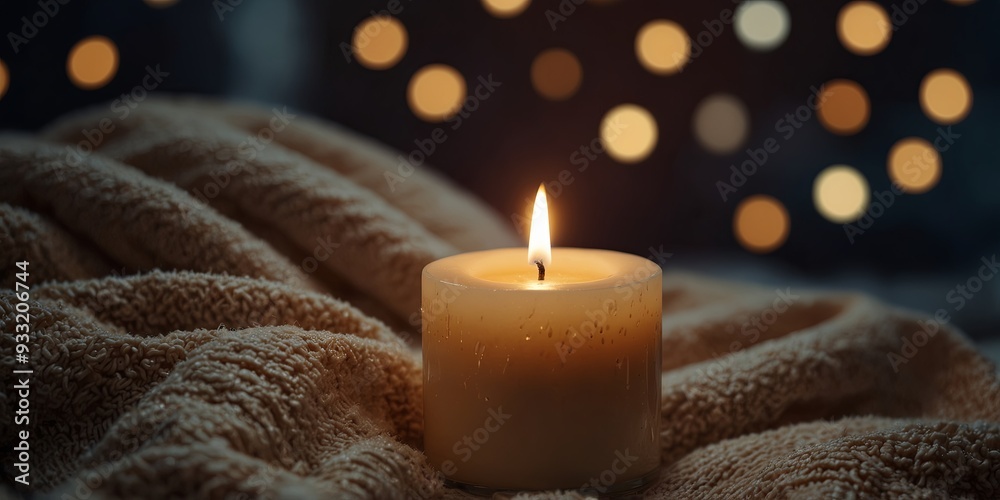 A lit candle sitting on top of a blanket. A lit candle sitting on top of a blanket.