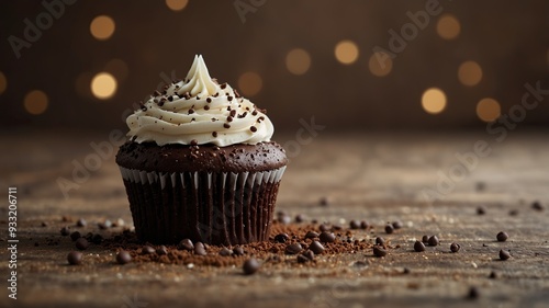 Chocolate cupcake with white frosting and chocolate sprinkles. photo