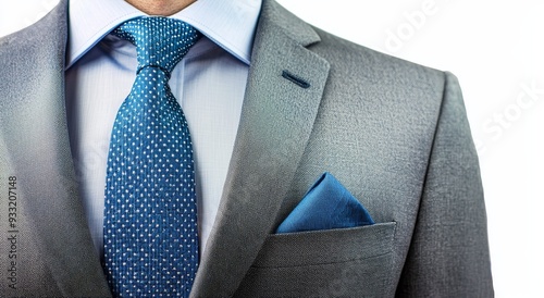 An image of a blank blue folded pocket square in a gray classic suit photo