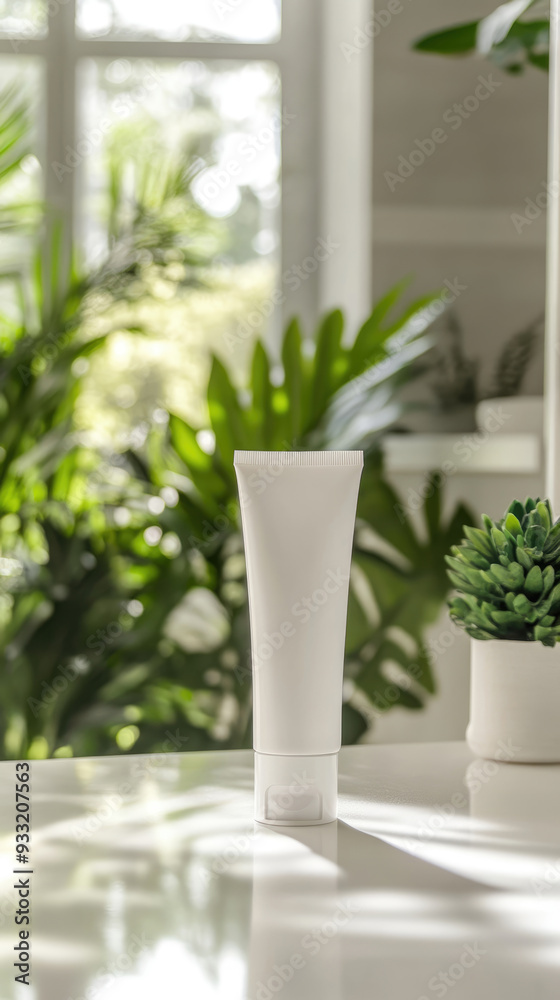 A mockup of a white beauty tube and mask product sitting on the counter in front of a bright, modern bathroom with plants. A mockup of a white beauty tube and mask product sitting on the counter in front of a bright, modern bathroom with plants.
