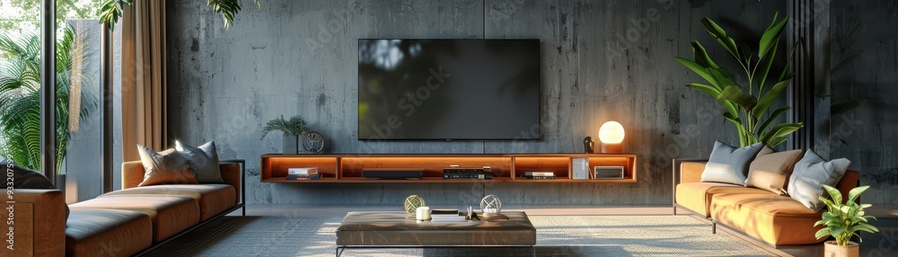 Obraz premium Modern luxury living room interior with a marble wall and large TV screen.