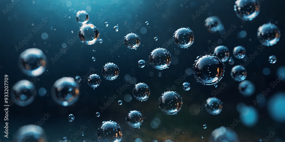 Close-up of sparkling water bubbles in vibrant blue colors, abstract background Fresh and purity concept.