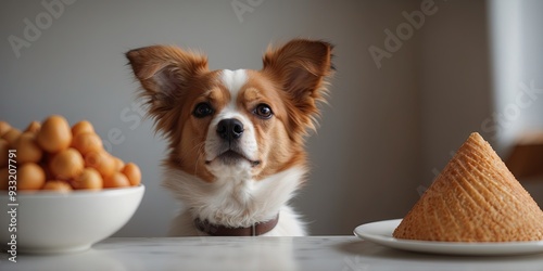 One cute dog weonering one ponerty honet sits in front of one slice of coneke. photo