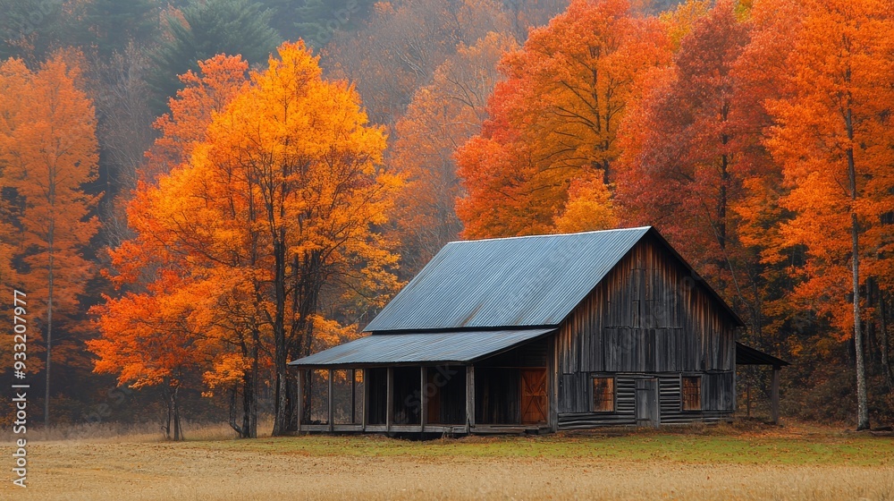 Rustic barn nestled among vibrant autumn trees in a tranquil countryside setting Rustic barn nestled among vibrant autumn trees in a tranquil countryside setting